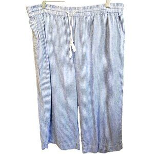 BeachLunchLounge Collection XL Blue Striped Linen Blend Pull-On Cropped Pants